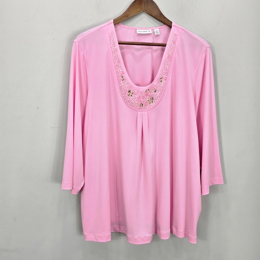 Susan Graver Liquid Knit Top Blouse 2X Pinik Embellished Scoop Neck 3/4‎ Sleeve